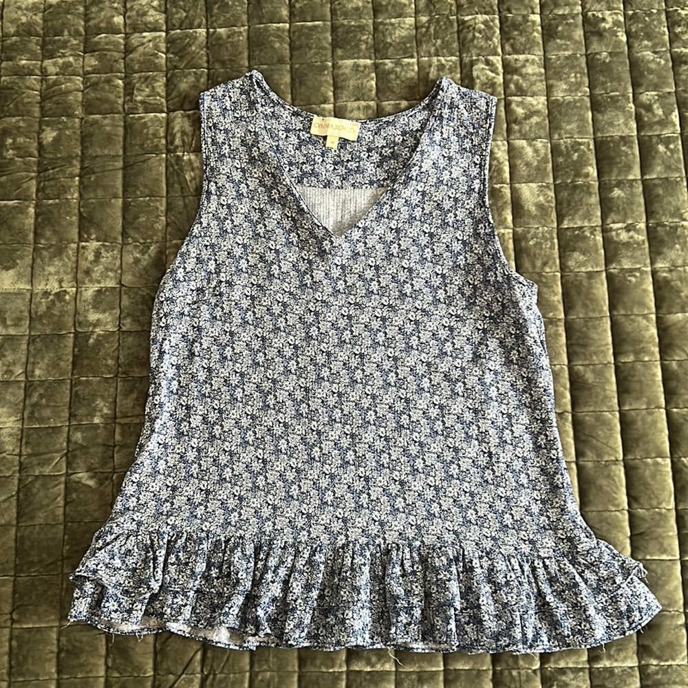 Blue & white floral tank with double ruffle